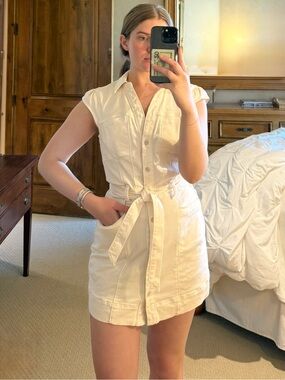 PAIGE Cream Short-Sleeve Button Shirt Dress with Tie